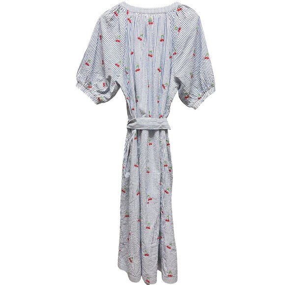 Boden NWT Bria Blue Striped Seersucker Cherry Embroidered A-Line Midi Dress - Picture 14 of 14